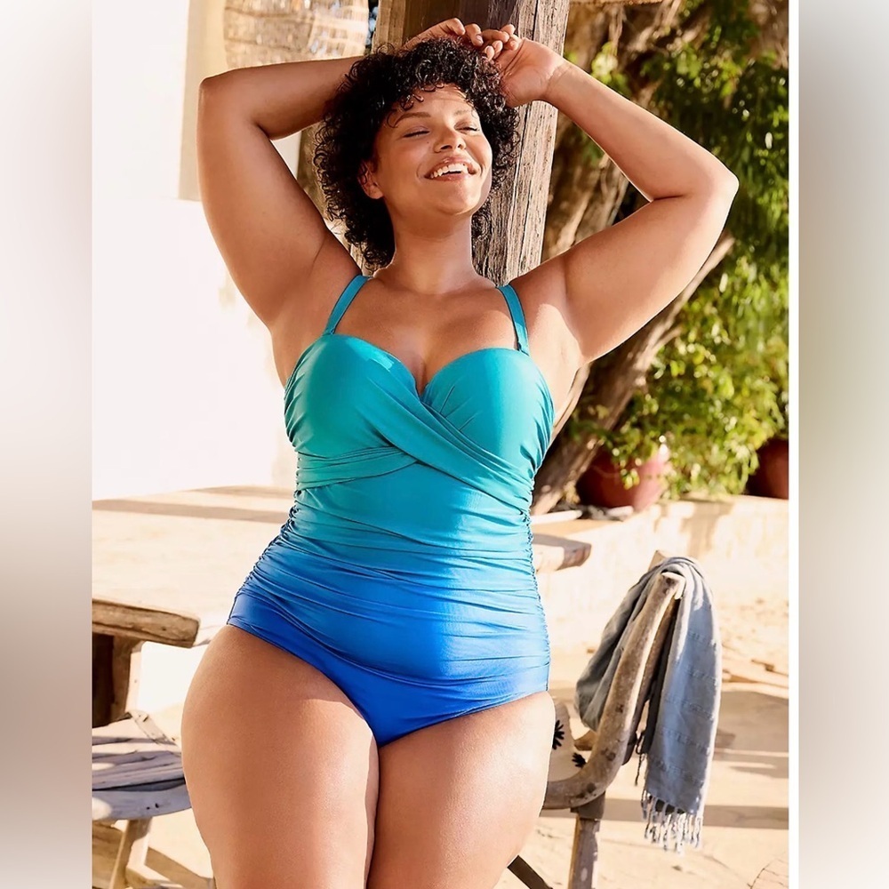 NWT CACIQUE Underwire Versatile Strap One Piece Swim Suit Ombre Blue Size 44C